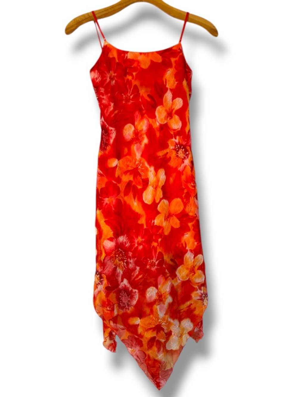Vintage Floral Red and Orange Slip Handkerchief Asymmetrical Dress
